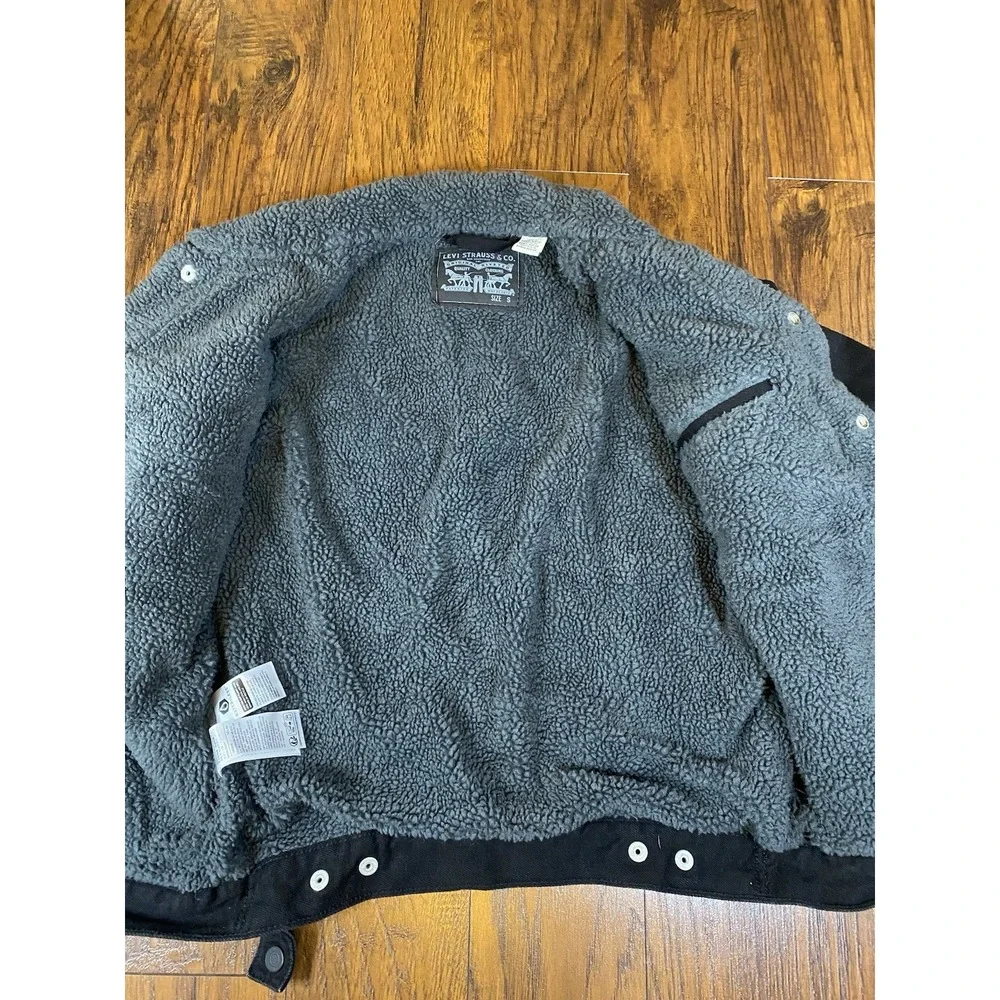 Levis Mens Sherpa Trucker Jacket Black Denim Grey Faux Fur Lining Small